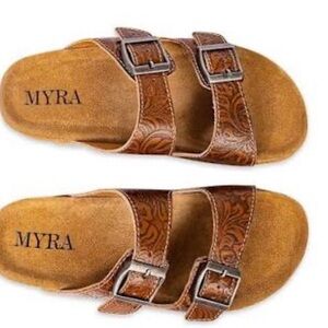 Myra Bag Brown Double-Buckle Embossed Slide Sandals